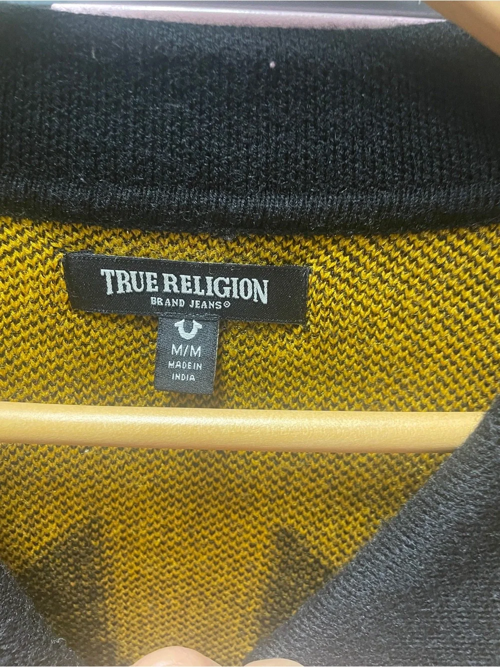 True Religion Men's Mustard Yellow and Black V-Neck Graphic Sweater